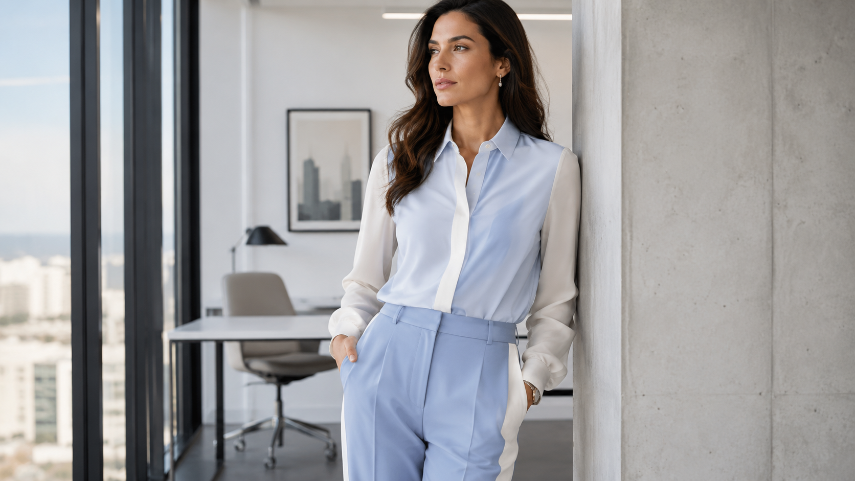 Ice Blue and Cream Color Blocking Outfit